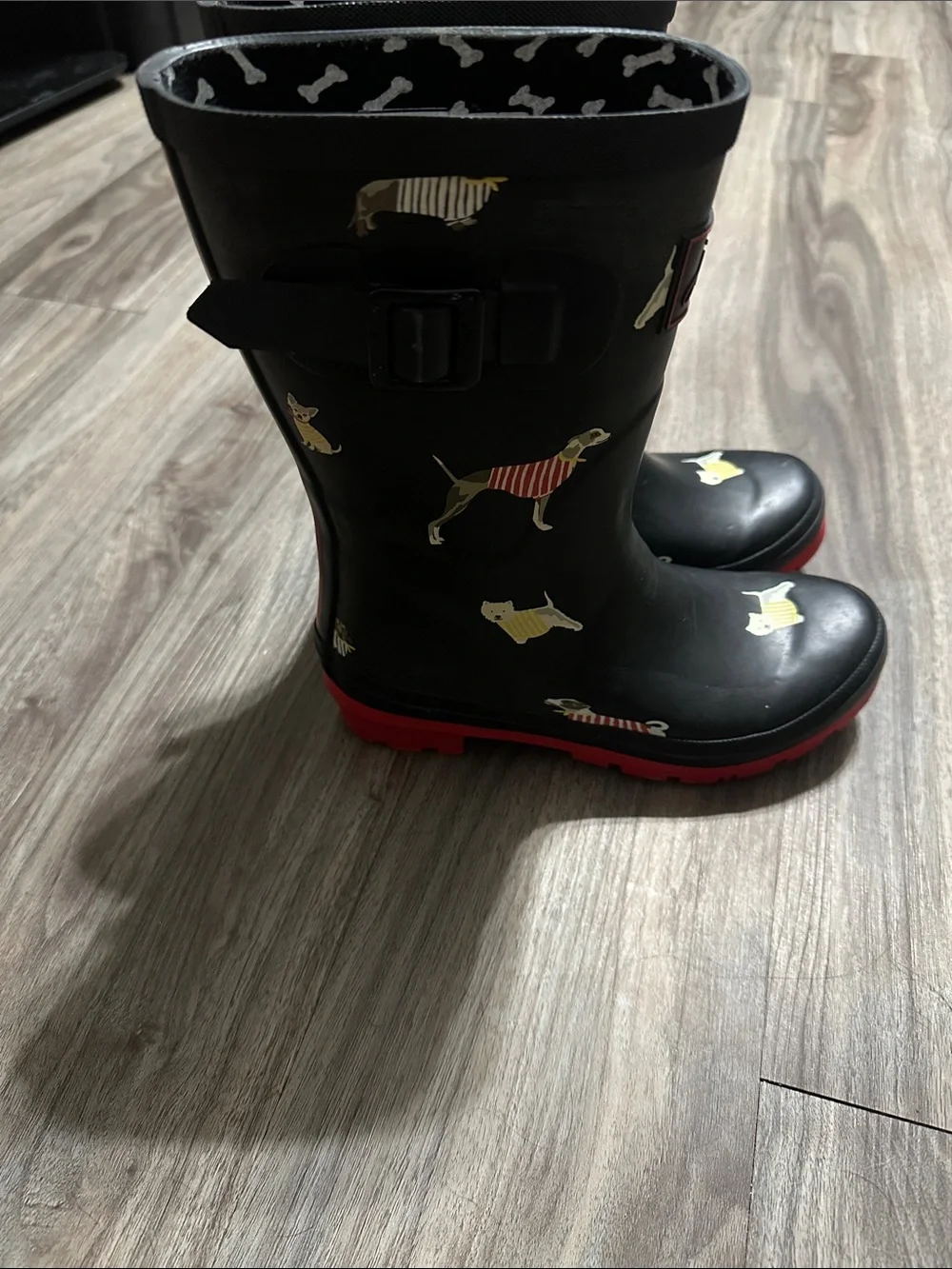Joules Navy Kids Rain Boots with Red Sole and Dog Motif